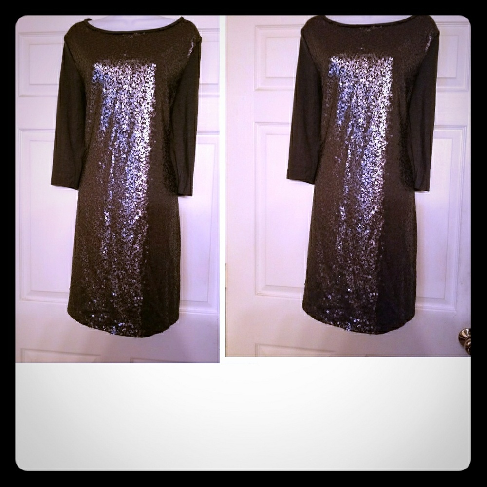 Gray knit sheath dress with sequined front